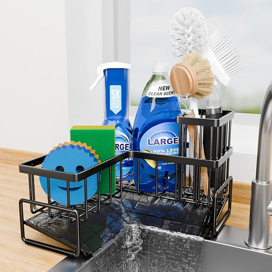 Fikoksol Large Sponge Holder for Kitchen Sink, 90-Degree Sink Caddy Organizer with Dish Brush Holder for Countertop Corner Storage Rack, Metal L-Shaped Kitchen Sink Sponge Soap Organizer Storage Ideas by HOMEACCESSORIES