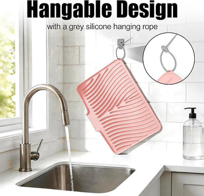 TIKNIK Silicone Dish Drying Mat, Stone Drying Mat for Kitchen Counter with Built-In Drain, Non-Slip Drain Pad with Built-in Drain, Heat Resistant Stone Drying Mat, Hangable, Pink-1pcs, 16" x 12" - Image 4