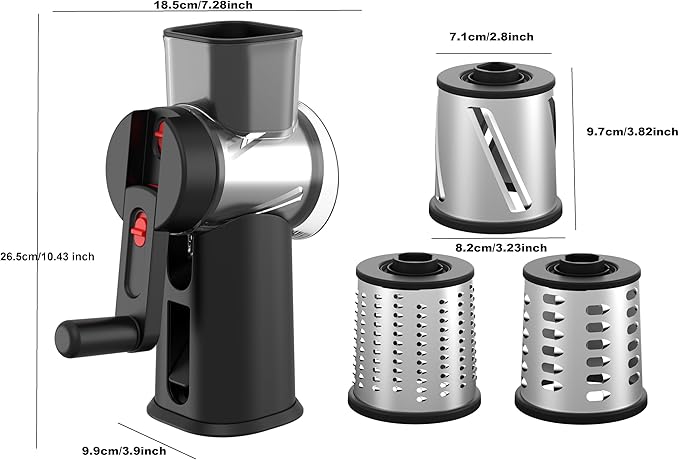 Rotary Cheese Grater Hand Crank with Foldable Handle, 3 Stainless Steel Blades, Perfect Graters for Kitchen, Manual Cheese Shredder Hand Crank with Suction Base, Rotary Grader, (Black) - Image 4