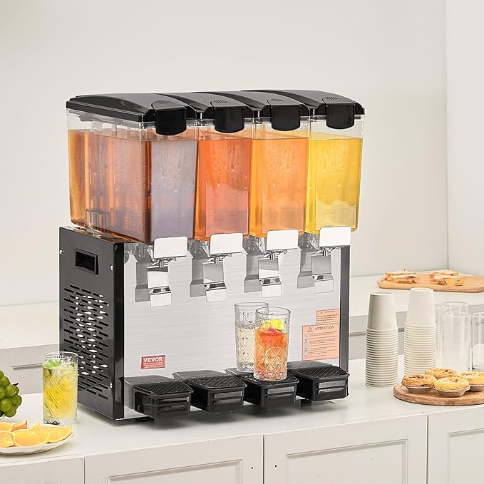 VEVOR Commercial Beverage Dispenser, 4 Tanks 10 L / 10.6 QT Per Tank Juice Dispenser, 430W Stainless Steel Ice Tea Drink Machine with 45°F-54°F Cooling Temperature, for Cold Drink Restaurant Bar Party - Image 8