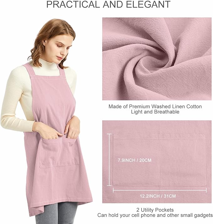 ELEZAY Aprons for Women with Pockets Plus Size Comfort Cross Back No Tie Cotton Linen Apron Pinafore