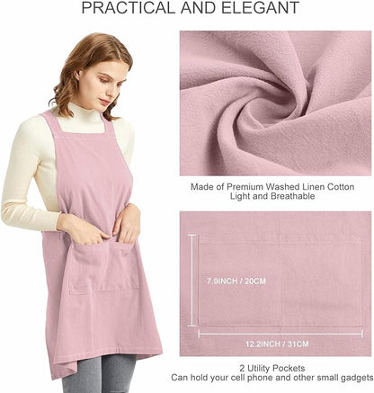 ELEZAY Aprons for Women with Pockets Plus Size Comfort Cross Back No Tie Cotton Linen Apron Pinafore
