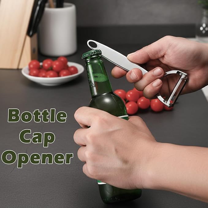 Vegetable Peeler with Bottle Opener, Stainless Steel, Razor-Sharp Blade, Ergonomic Non-Slip Handle, Dishwasher Safe, for Kitchen Peeling Veggie Carrot Fruit Apple