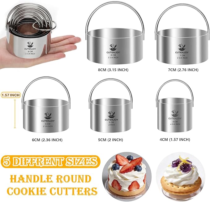 Cookie Cutters (5 Pieces/Set),Round Biscuit Cutter Set with Handle and Big Ring, Professional Baking Dough Cutter Tools for Cakes, Sandwiches, Donuts, Dumplings - Image 2