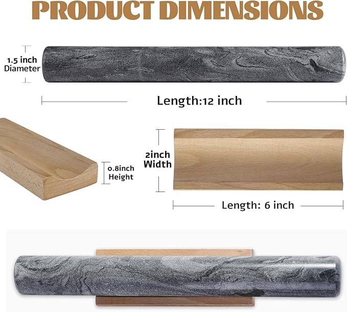 Koville African Natural Marble French Rolling Pin, 12inch Non-Stick Rolling Pin for Baking, Dough Roller for Pasta, Dumpling, Fondant, Pie, Bread, Pizza, Kitchen Baking Tools(Monte Grigio) - Image 2