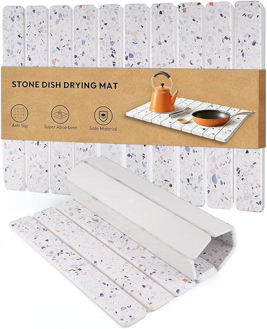 Stone Drying Mat for Kitchen Counter, 24 x 16 inches, Fast Drying Collapsible Dish Drying Mat, Eco-Friendly Absorbent Diatomaceous Earth Mats for Dishes Bottles Cups (Terrazzo) by Unknown