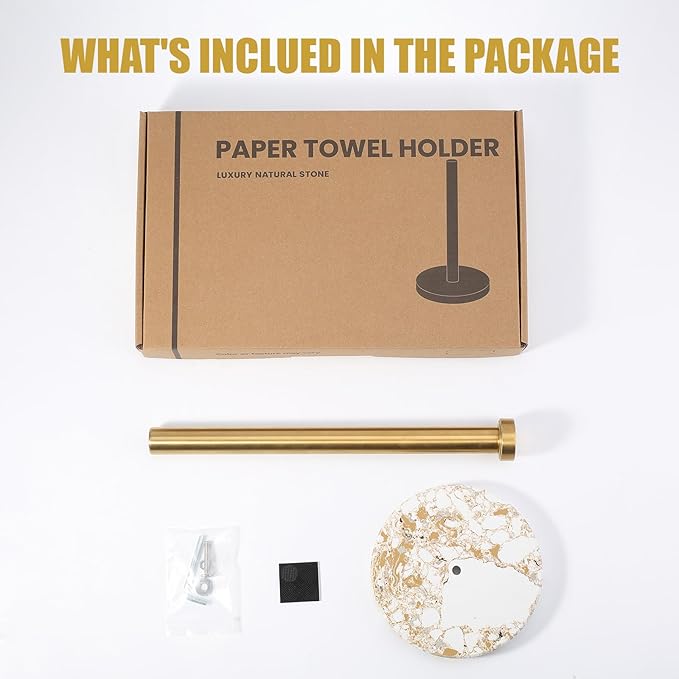 Koville Paper Towel Holder Countertop, Standing Paper Roll Holder with 6" Weighted Marble Base, Stone Paper Towel Holder with Gold Stainless Steel Rod for Kitchen Bathroom((Arabescato Doro)