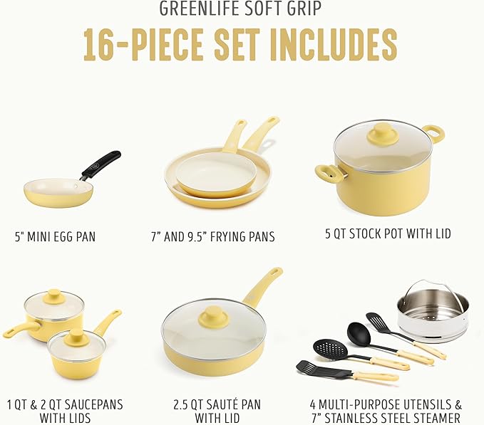 GreenLife 16 Piece Nonstick Cookware Set, Soft Grip Non-Toxic PFAS-Free Ceramic Pots & Pans, Dishwasher & Oven Safe, Frying, Sauce, Saute, Utensils, Glass Lids, Stay-Cool Handles, Wobble Free, Yellow - Image 4