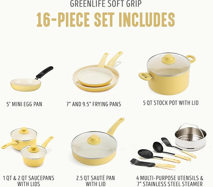 GreenLife 16 Piece Nonstick Cookware Set, Soft Grip Non-Toxic PFAS-Free Ceramic Pots & Pans, Dishwasher & Oven Safe, Frying, Sauce, Saute, Utensils, Glass Lids, Stay-Cool Handles, Wobble Free, Yellow - Image 4