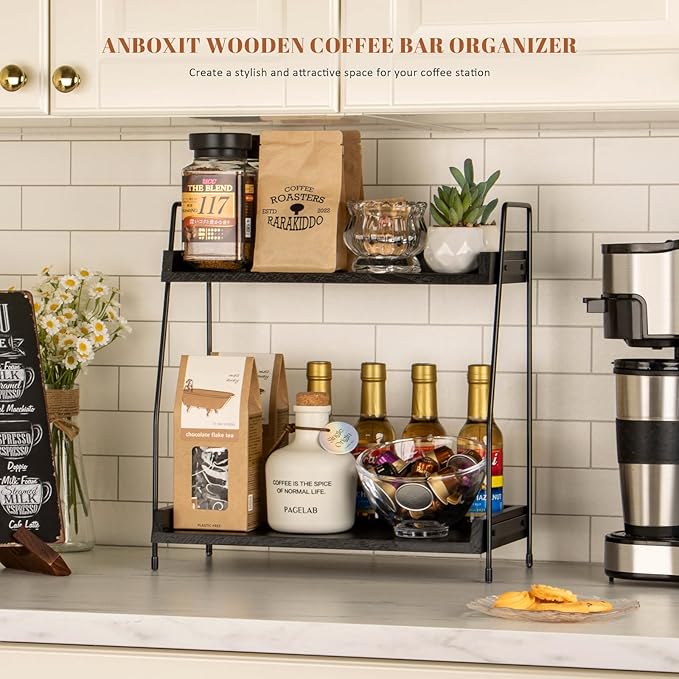 ANBOXIT 2-Tier Coffee Station Organizer, Wooden Kitchen Counter Shelf - Black - Image 2