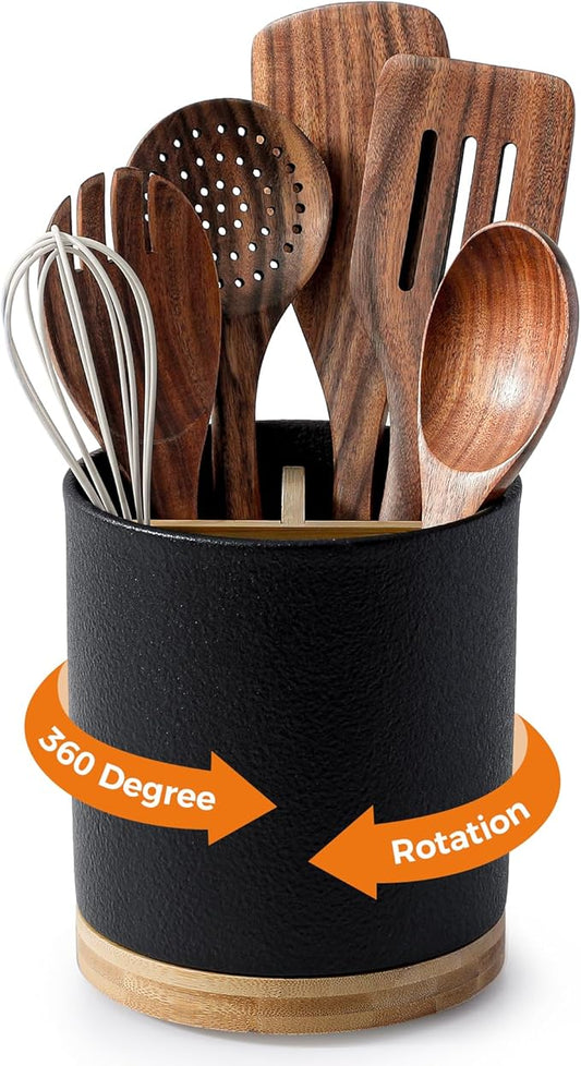 LoeJan 3 Compartment Utensil Holder, Extra Large Utensil Crock, Stable Ceramic Utensil Organizer, Cooking Tool Organizer Set for Kitchen Counter Farmhouse Decor,Textured Black by LoeJan