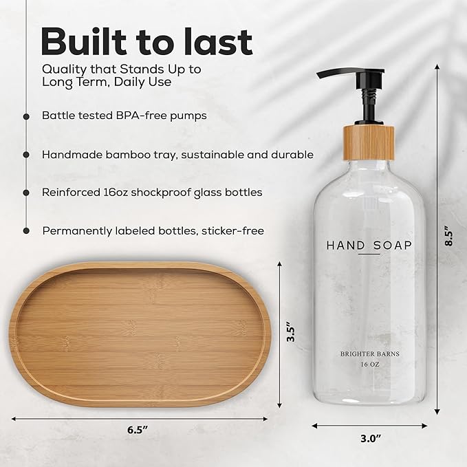 Clear Glass Soap and Lotion Dispenser Set with Tray by Brighter Barns - Hand Soap Dispenser Bathroom Set - Liquid Soap Dispenser and BPA-Free Pump - Neutral Home Decor & Modern Bathroom Accessories - Image 3