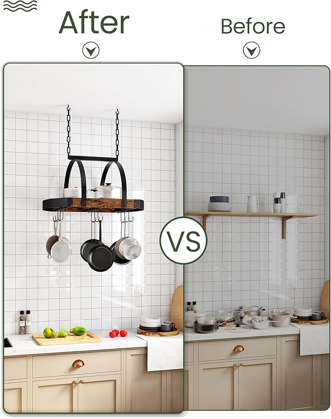 CHOEZON Hanging Pot Rack, Pot Hanger for Kitchen, Ceiling Mounted Pot Holder, Cookware Organizer with 9 S-Shaped Hooks, for Pot, Pan Storage, Space-Saving, Rustic Brown and Black TPR07BF - Image 7