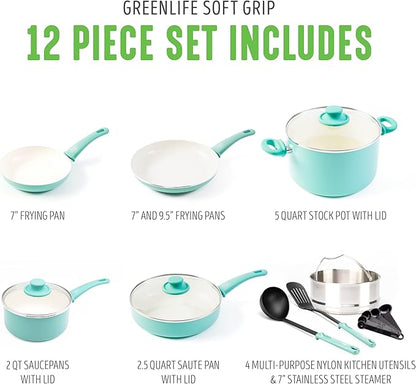 GreenLife Soft Grip Healthy Ceramic Nonstick 12 Piece Cookware Pots and Pans Set, PFAS-Free, Dishwasher Safe, Turquoise