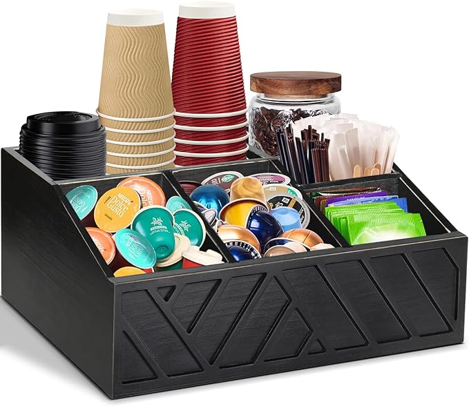 ugiftt Coffee Station Organizer for Counter, Wood Coffee Pods Holder Storage Basket, Tea Condiment Storage Organizer, Rustic Bar Decor for Accessories Organizer by ugiftt