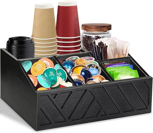 ugiftt Coffee Station Organizer for Counter, Wood Coffee Pods Holder Storage Basket, Tea Condiment Storage Organizer, Rustic Bar Decor for Accessories Organizer by ugiftt