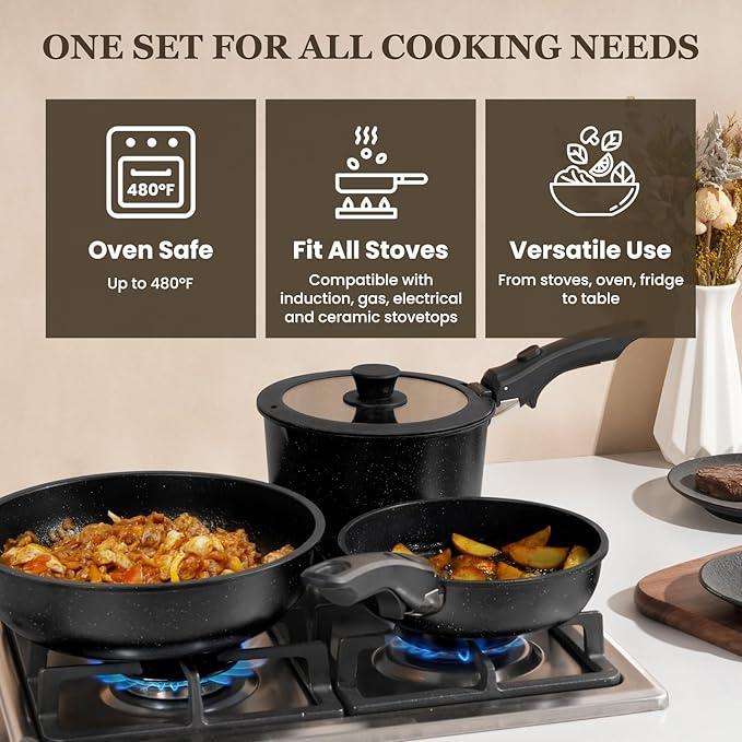 KIKCOIN 20 Pcs Pots and Pans Set Non Stick, Detachable Handle Cookware Sets Nonstick, Non Toxic Induction RV Kitchen Cooking Set with Removable Handles, Dishwasher/Oven Safe, Easy Clean (Black) - Image 4