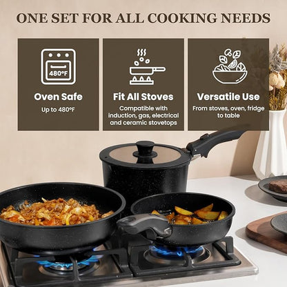 KIKCOIN 20 Pcs Pots and Pans Set Non Stick, Detachable Handle Cookware Sets Nonstick, Non Toxic Induction RV Kitchen Cooking Set with Removable Handles, Dishwasher/Oven Safe, Easy Clean (Black) - Image 4