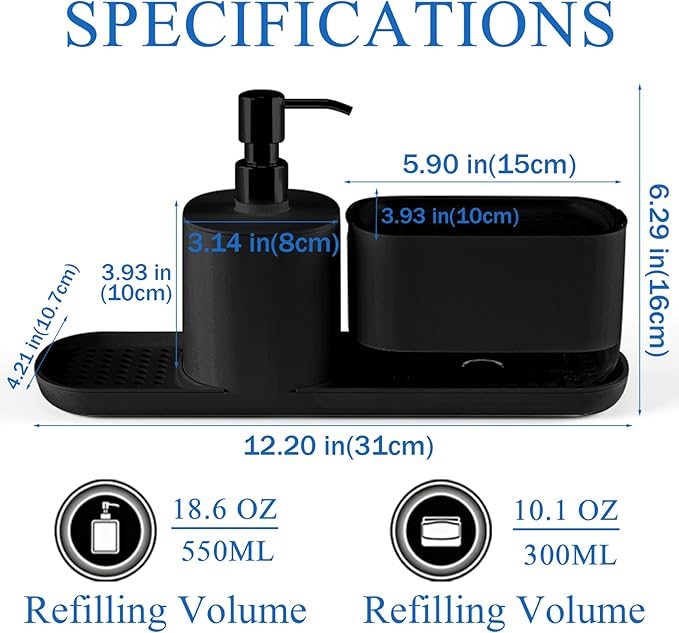 Kitchen Soap Dispenser Set with Tray, 4-in-1 Dual Hand and Dish Soap Dispenser with Sponge Holder for Kitchen Sink, Practical Kitchen Gadgets (Black)