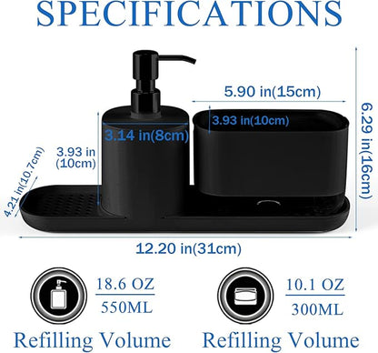Kitchen Soap Dispenser Set with Tray, 4-in-1 Dual Hand and Dish Soap Dispenser with Sponge Holder for Kitchen Sink, Practical Kitchen Gadgets (Black)
