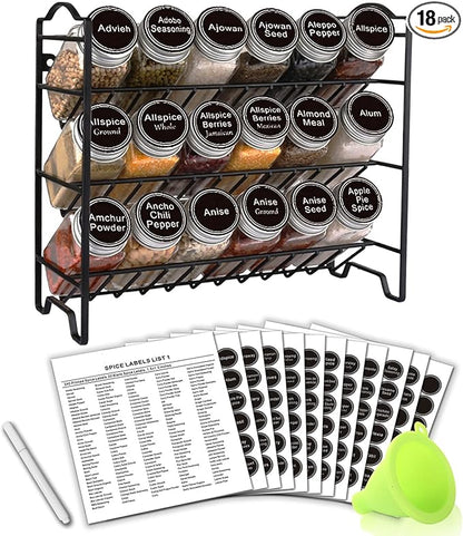 SWOMMOLY Spice Rack Organizer with 18 Empty Square Spice Jars, 396 Spice Labels with Chalk Marker and Funnel Complete Set, Spice Organizer for Countertop, Cabinet or Wall Mount, Black by SWOMMOLY