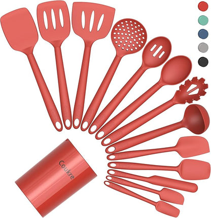 Coukre Silicone Kitchen Cooking Utensils Set with Holder – Heat-Resistant, Food-Grade Kitchen Tools, Spatula, Spoon & Gadgets for Non-Stick Pans, Dishwasher Safe (14, PureRed) by Coukre
