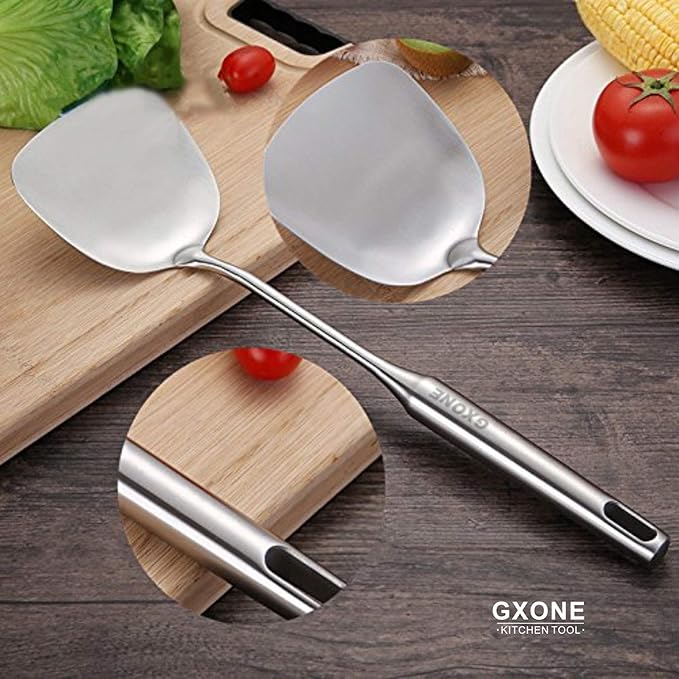 Wok Spatula Stainless Steel, Wide Metal Spatula with Hollow Long Handle Wok Utensils,Silver/14.7Inch - Image 5
