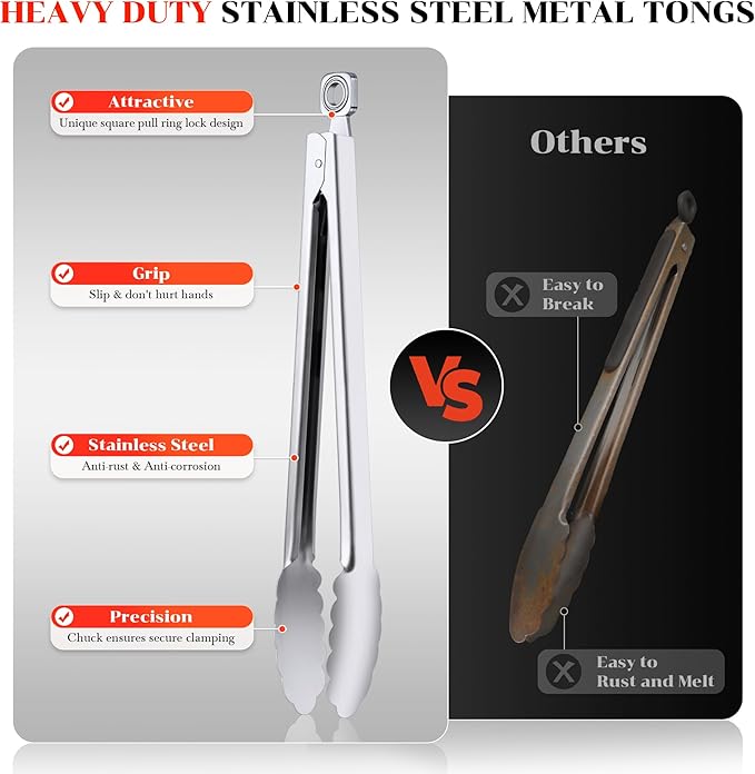 Kitchen Tongs for Cooking - 9 Inch & 12 Inch Heat Resistant Stainless Steel Metal Locking Tong, BBQ Tongs Grill Tong for Cooking, Grilling, BBQ/Barbecue, Food (All Metal - 9"+12")