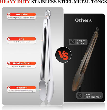 Kitchen Tongs for Cooking - 7 Inch & 9 Inch & 12 Inch Heat Resistant Stainless Steel Metal Locking Tong Grill Tongs BBQ Tong for Cooking, Grilling, BBQ/Barbecue, Food (All Metal - 7"+9"+12")