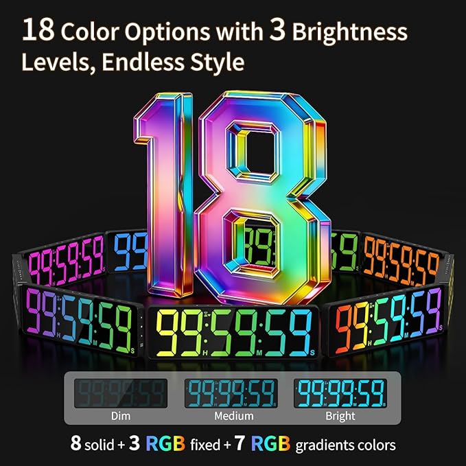 VOCOO 15.7" Large Digital Wall Timer with 99H Countdown, Count Up, Clock and Remote Control, 18 Colors RGB Wall Clock for Office, Home Decor, Kitchen, Living Room, Gym, Classroom