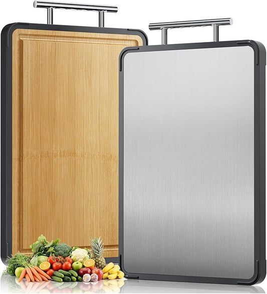 Mothers Day Gifts, Titanium Cutting Board for Kitchen, Double Sided Reversible Chopping Board, Titanium & Bamboo Wood Cutting Board for Meat, Vegetables and Fruit, Easy to Clean (16×11) by Unknown
