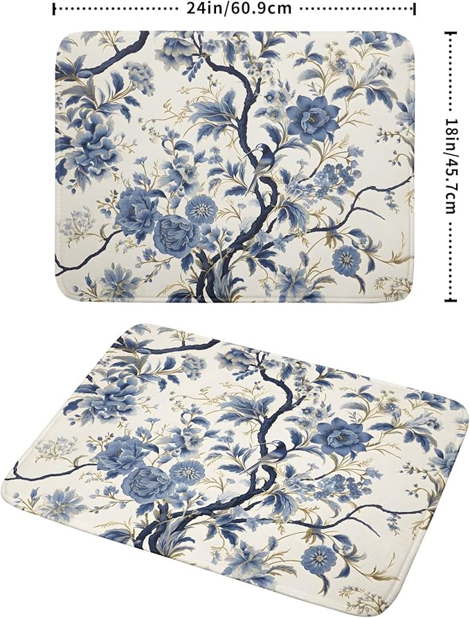 Chinoiserie Trees Dish Drying Mat for Kitchen Counter,Bule Birds Flowers Drying Mat 18 x 24 Inch with Absorbent Reversible Microfiber Drying Pad for Coffee Bar - Image 2