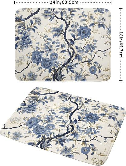 Chinoiserie Trees Dish Drying Mat for Kitchen Counter,Bule Birds Flowers Drying Mat 18 x 24 Inch with Absorbent Reversible Microfiber Drying Pad for Coffee Bar - Image 2
