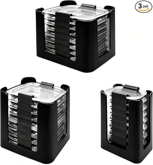Food Container Lid Organizer for Rubbermaid Brilliances nap-on lids, Lid Organizer for Kitchen Cabinet Storage (3-Piece) - Holds 24 Lids for 4.7 Cup, 3.2 Cup, 1.3 Cup & 0.5 Cup Containers (Black)