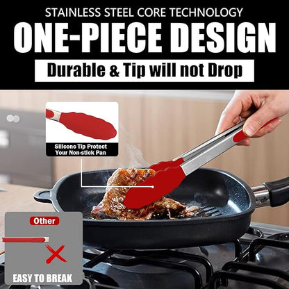 Kitchen Tongs with Silicone Tips, Kitchen Tongs, Cooking Tongs, Premium Stainless Steel Locking Cooking Tongs, Non-Slip Food Tongs for Cooking, Heavy Duty, Non-Stick, 480℉, Set of 3-7"/9"/12" Red - Image 3