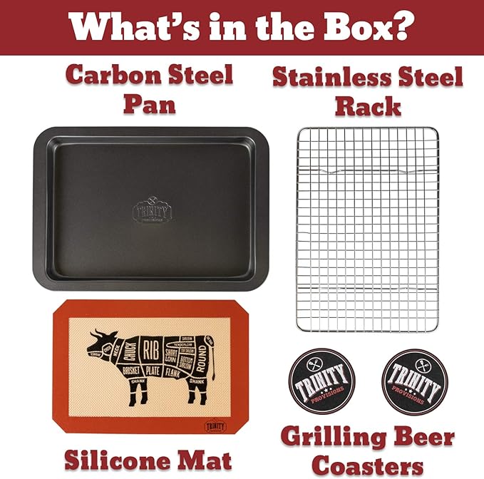 Trinity Provisions Large Meat Resting Pan - With Wire Rack and Silicone Baking Mat - Dishwasher and Oven Safe Stainless Steel, for Cooking and Cooling Steak, BBQ, Bacon, & More