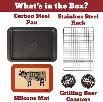 Trinity Provisions Large Meat Resting Pan - With Wire Rack and Silicone Baking Mat - Dishwasher and Oven Safe Stainless Steel, for Cooking and Cooling Steak, BBQ, Bacon, & More