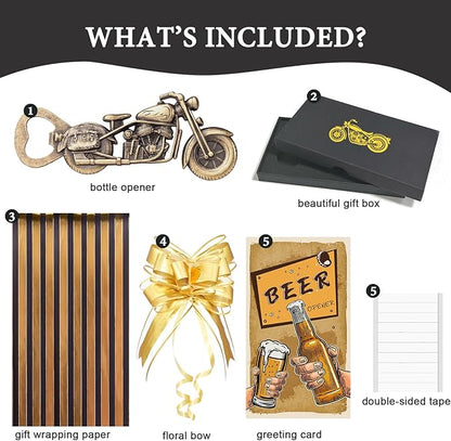 Motorcycle Beer Gifts for Men, Vintage Motorcycle Bottle Opener with Wrapping Paper for Bar Party, Unique Fathers Day Birthday Christmas Gift for Him Dad Grandpa Husband Boyfriend