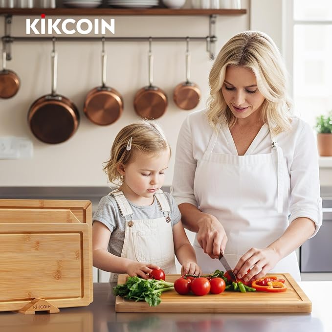 Kikcoin Over Sink Bamboo Cutting Boards for Kitchen - 3+1 Piece Self-Draining Healthy Wood Cutting Board Set with Built in Handle& Spout, Charcuterie& Meat Extra Large Butcher Chopping Boards, Natural - Image 7