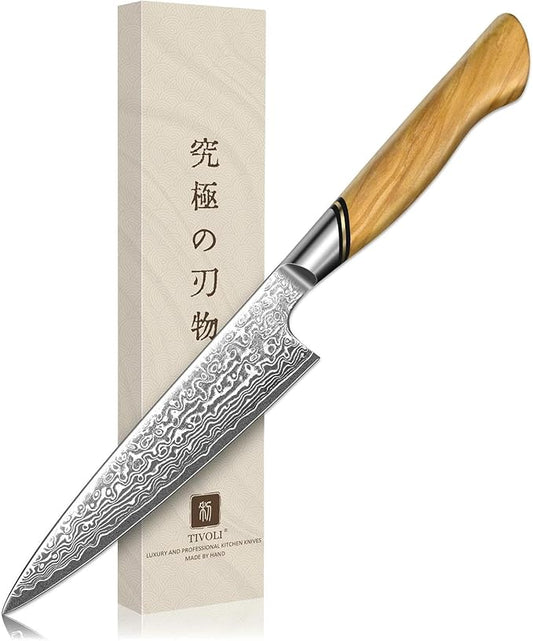 TIVOLI Damascus Kitchen Utility Knife - 5 Inch Ultra Sharp Petty Knife - VG10 Chef Knives with Olive Wood Handle - Gift for Men and Women