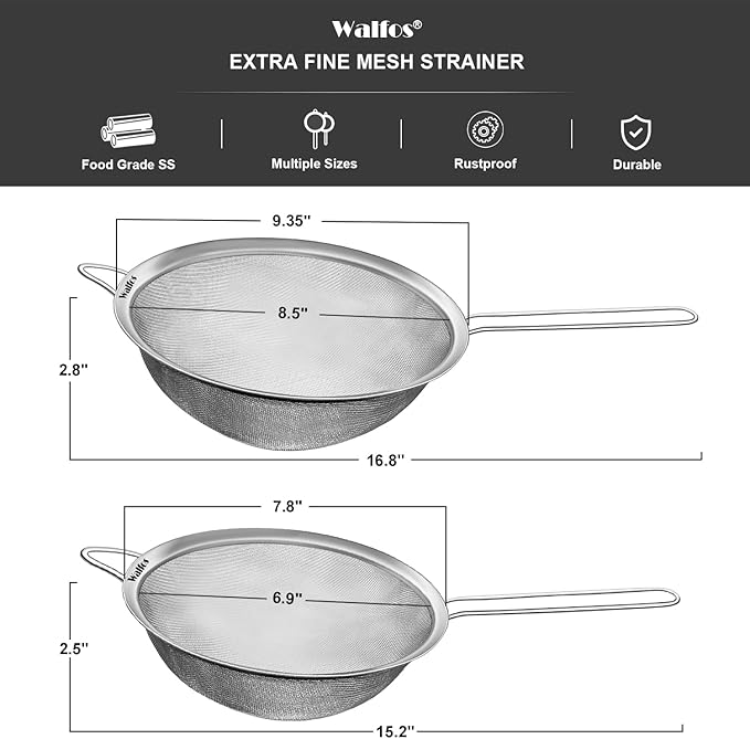 Walfos Large Fine Mesh Strainer 9.35" & 7.8", Stainless Steel Mesh Sieve with Sturdy Handle, Kitchen Metal Food Strainers for Quinoa, Rice, Pasta, Fruits, Vegetables, etc., Set of 2 - Image 3
