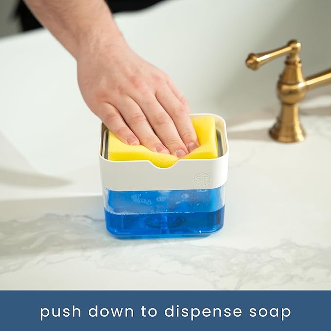 S&T INC. Dish Soap Dispenser and Sponge Holder for Kitchen Sink with Enhanced Features, Sponge Included, 13 Ounces, Matte White - Image 2