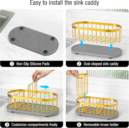 Sponge Holder for Kitchen Sink with High Brush Holder, [Stay-Dry Anywhere & No Drainage Needed] Rustproof Stainless Steel Kitchen Sink Caddy Organizer with Water Absorbing Stone Tray, Gold - Image 5