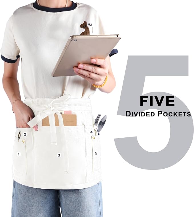 Server Apron with 5 Pockets - Rivet buckle Unisex Short/Half Waiter Waist Short Apron