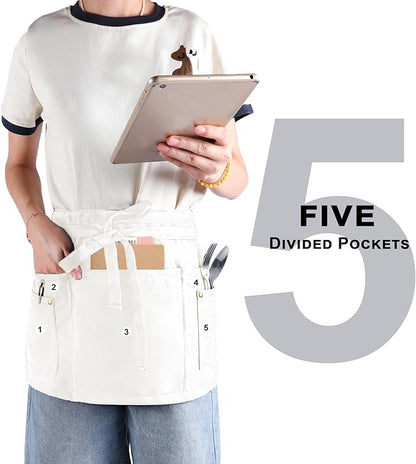 Server Apron with 5 Pockets - Rivet buckle Unisex Short/Half Waiter Waist Short Apron