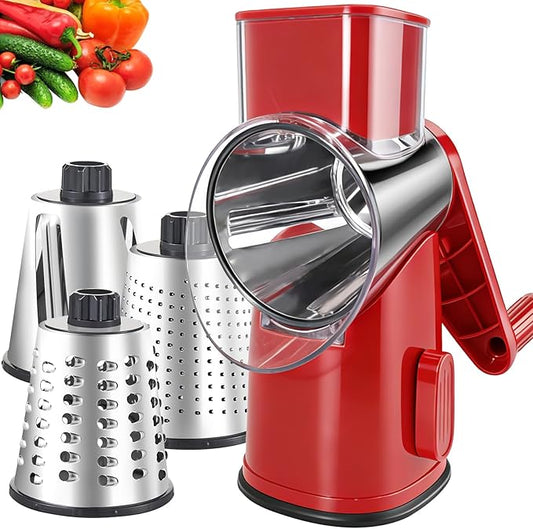 Weltonhm Rotary Cheese Grater with 3 Blades, Large Hand Crank Cheese Grater with Waffle Slicer, Black and White Cheese Slicer with Suction Base, Easier for Shredding& Grating (red, 3 Graters)