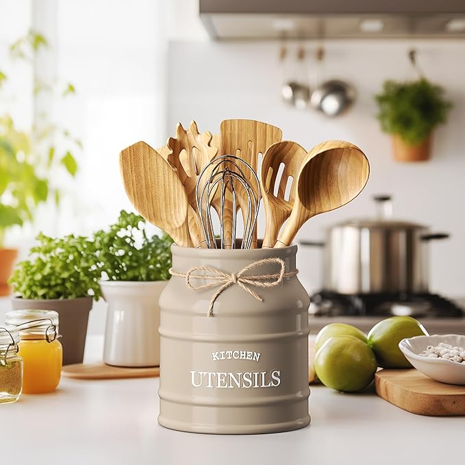 Barnyard Designs Ceramic Farmhouse Utensil Holder for Kitchen Counter, Large Rustic Utensil Crock, Countertop Cooking Tool Spatula Organizer, 6.75” (Taupe) - Image 2