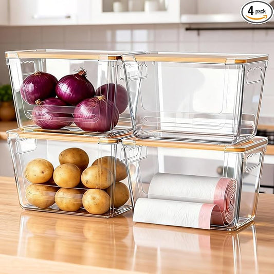 4 Pack Clear Storage Bins with Bamboo Lid, Garbage Bag Dispenser, Pantry Organizers and Storage for Onion Potato, Under Sink Organizer for Kitchen Laundry Room