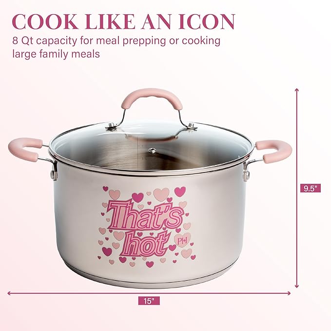 Paris Hilton Stainless Steel Stock Pot with Iconic Color Changing "That's Hot" Heat Indicator Decal, Features Soft Grip Handles and Measure Marks, 8-Quart, Pink
