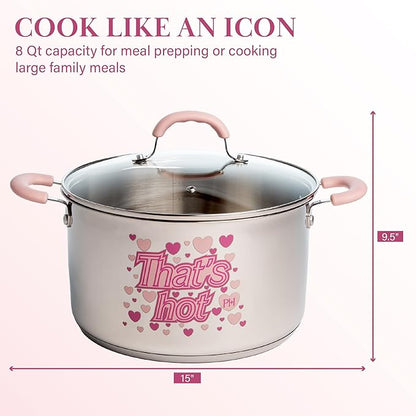 Paris Hilton Stainless Steel Stock Pot with Iconic Color Changing "That's Hot" Heat Indicator Decal, Features Soft Grip Handles and Measure Marks, 8-Quart, Pink